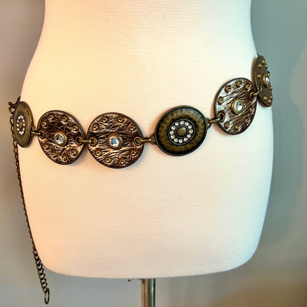 Round Medallion Metal and Faux Leather Belt w/ Rhinestones Brown